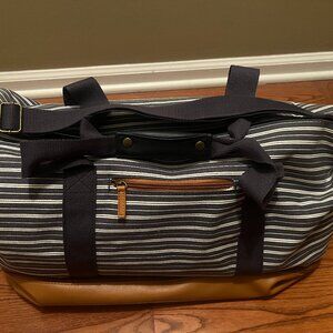 Striped weekender with tan faux leather shoe compartment
